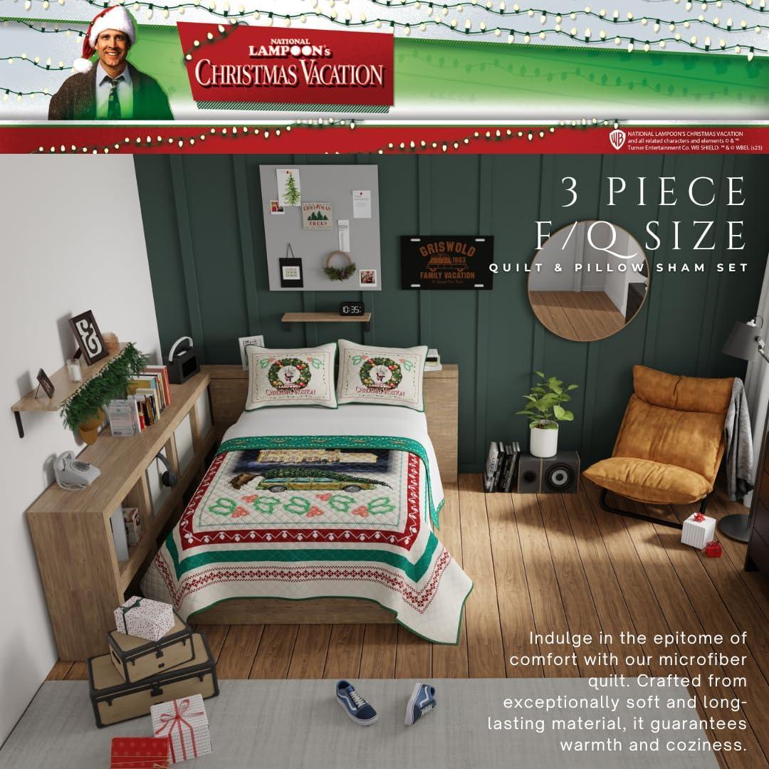 National Lampoon's Christmas Vacation Holiday Quilt Bedding Super Soft 3 Piece Pillow Sham and Quilt Set, Full Size 88" X 92", (100% Officially Licensed Product)