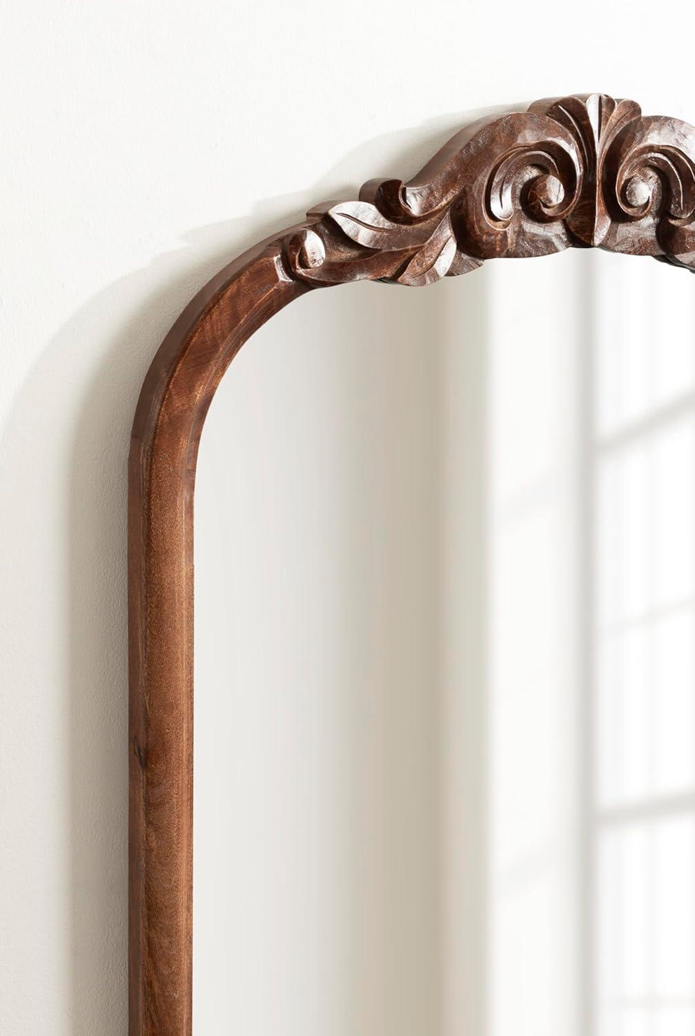 Kate And Laurel Arendahl Traditional Arch Wall Mirror, 24 x 36, Walnut Brown, Vintage Baroque-Inspired Wooden Arched Bathroom Mirror for Over Sink with Ornate Carved Crown