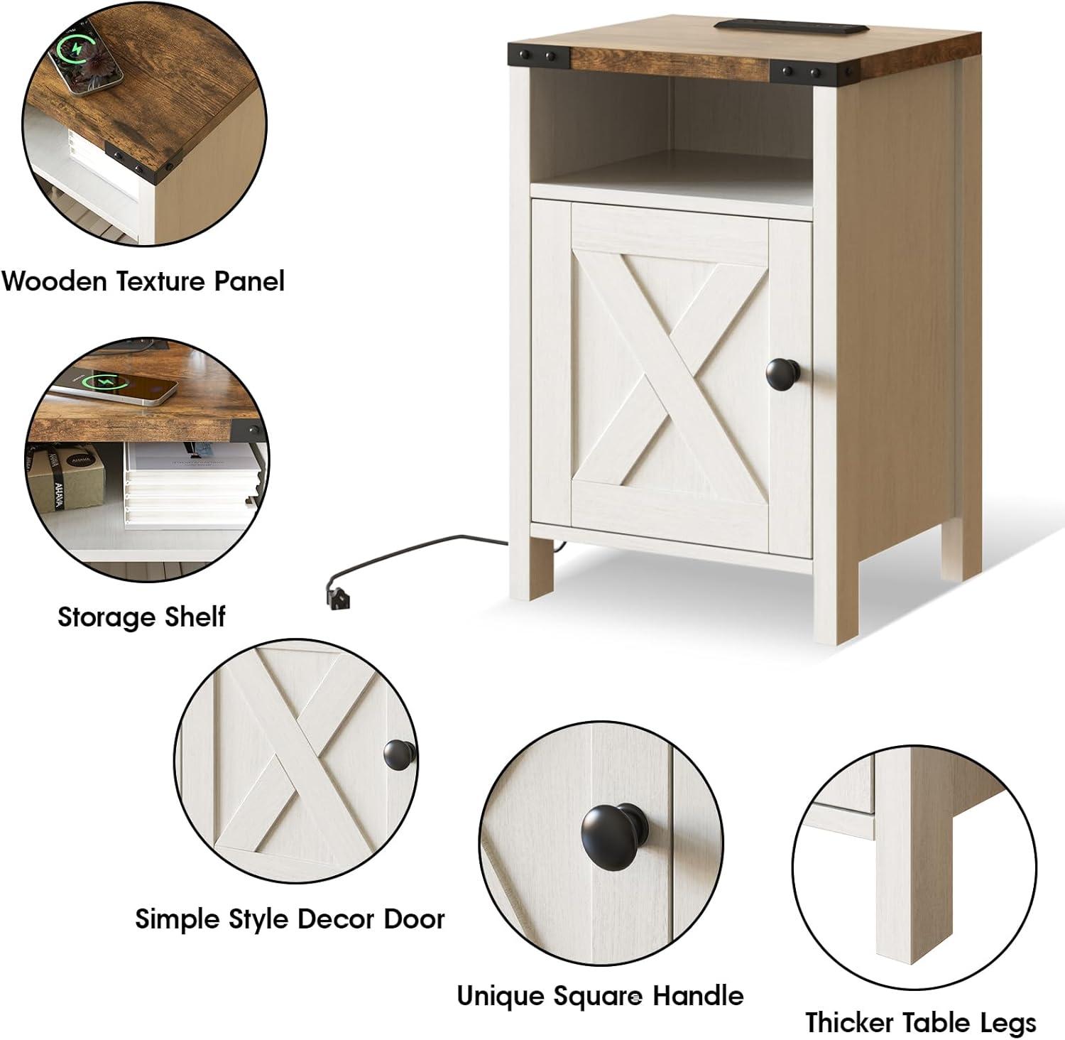 Wood Nightstands with Charging Station End Table Bedside Tables with Barn Door