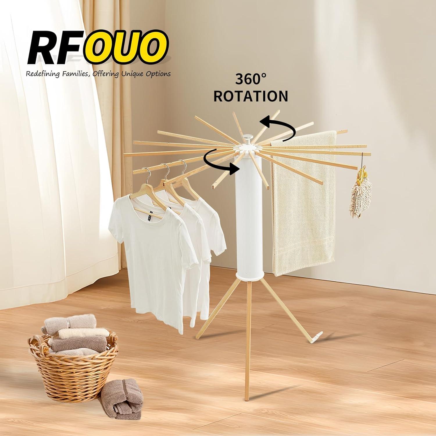 White and Natural Wood Foldable Tripod Clothes Drying Rack