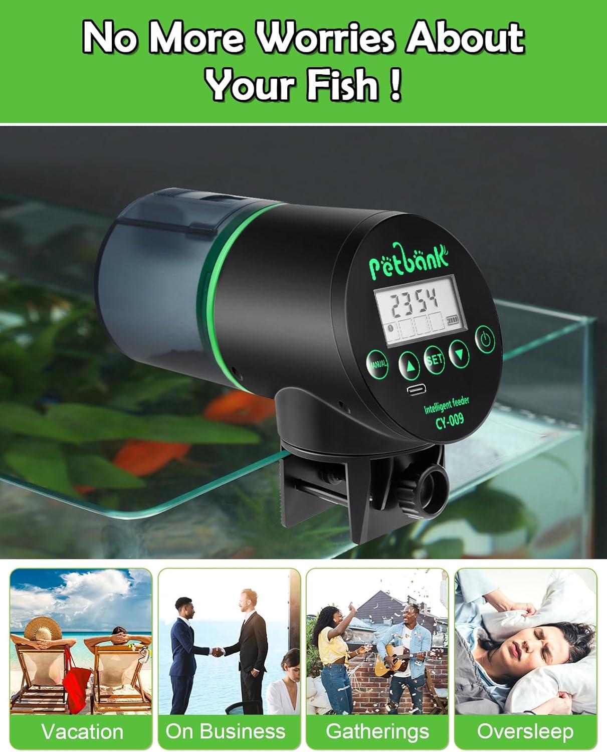 Petbank Automatic Fish Feeder for Aquarium, Auto Fish Food Dispenser with Timer, USB Charging, Green