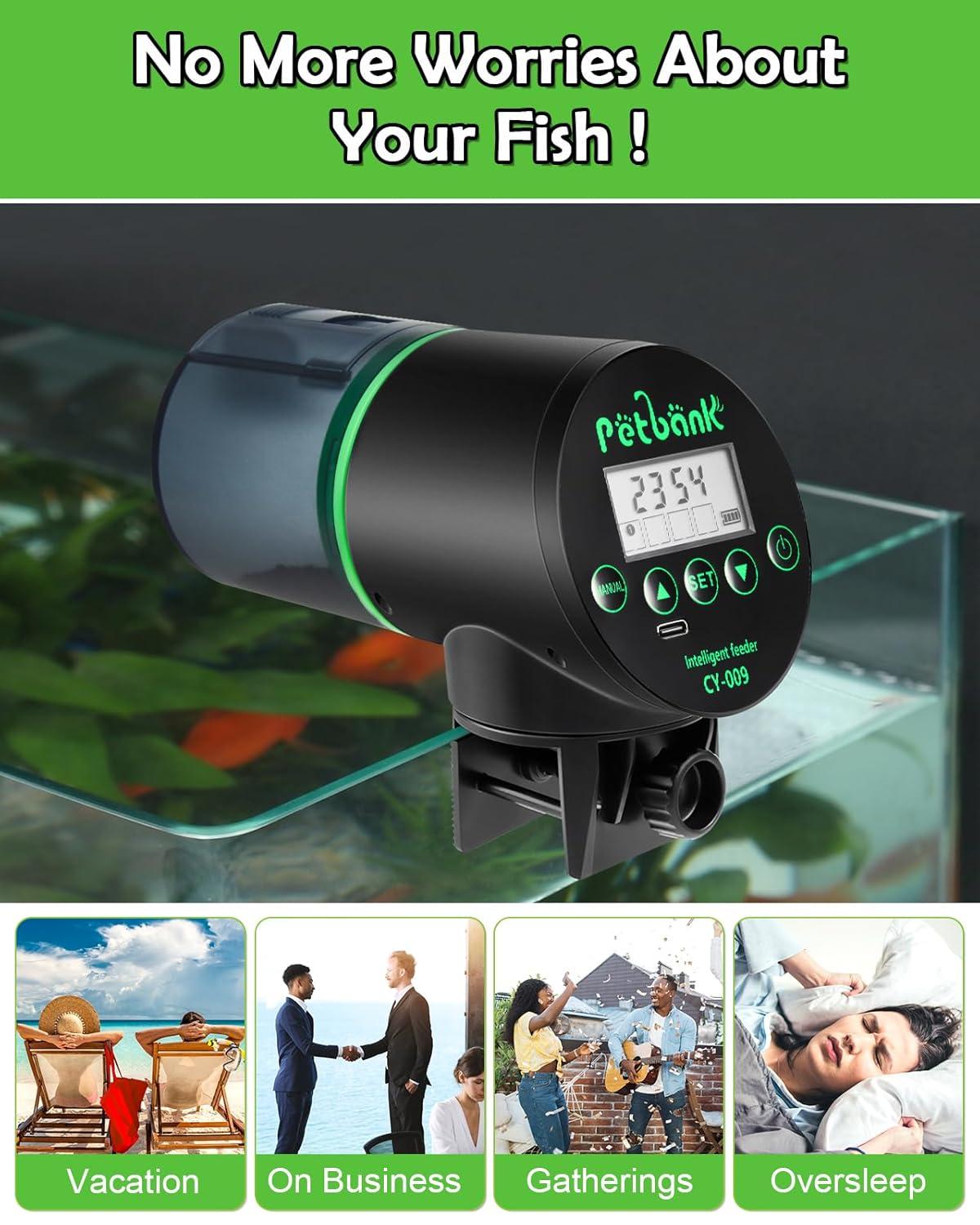 Petbank Automatic Fish Feeder for Aquarium, Auto Fish Food Dispenser with Timer, USB Charging, Green