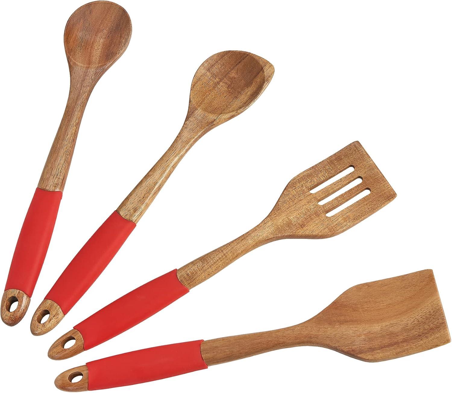 Set of 4 Acacia Wood Utensils with Red Handles