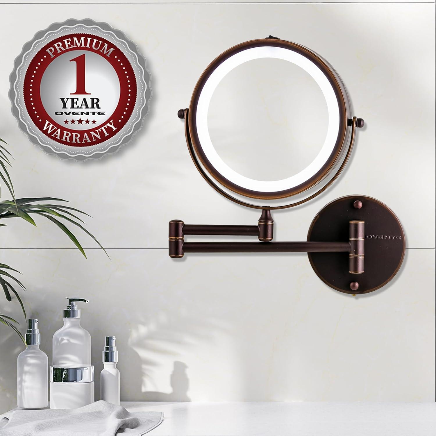 Ovente OVENTE 7" Lighted Wall Mount Makeup Mirror with 1X/10X Magnification, Cordless Double Sided Magnifying Round Vanity Mirror, 360° Swivel Design, Extendable and Folding Arm, Antique Bronze MFW70ABZ1X10X