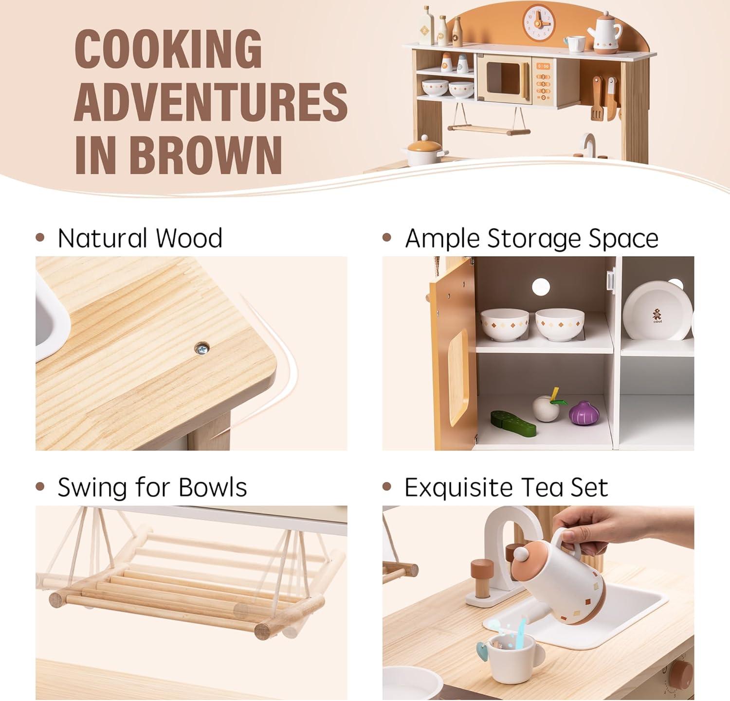 ROBUD Solid Wood Play Kitchen & Accessories Set, Preschool Kitchen Set, Kids Kitchen Playset