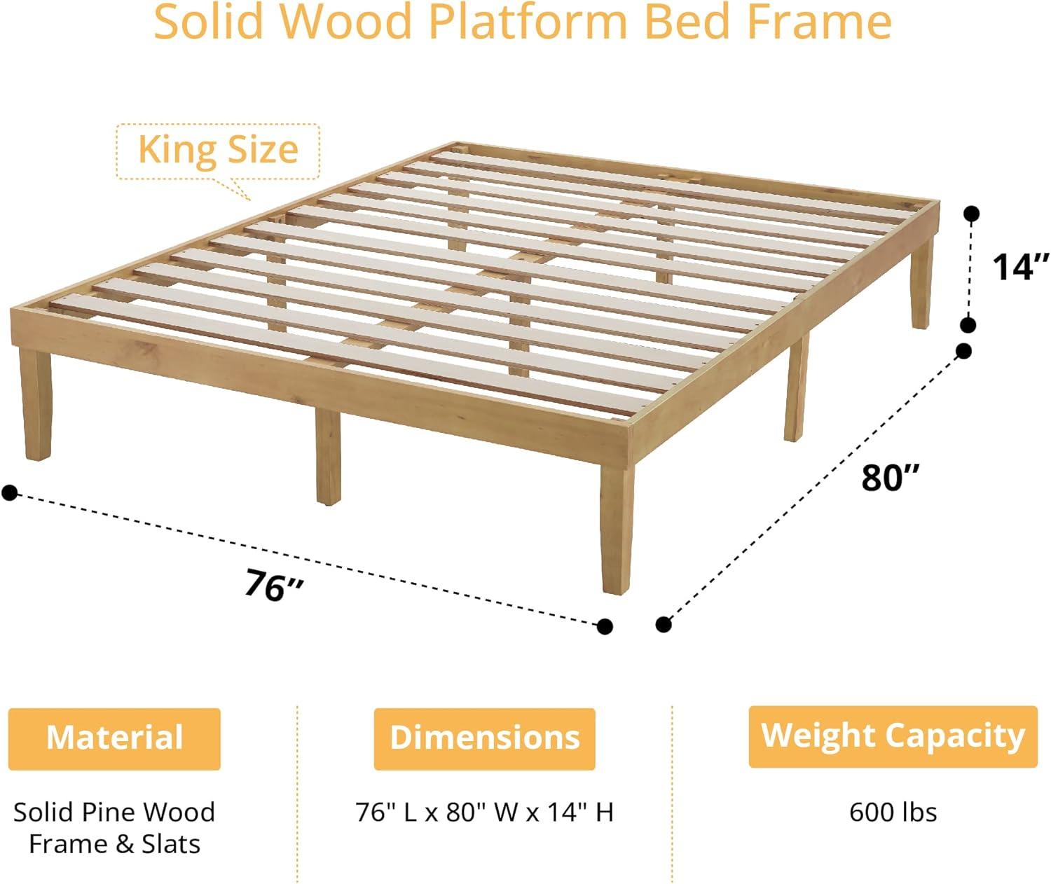 14 Inch King Solid Wood Platform Bed Frame, No Squeak Bed Frame with Wooden Slats, No Box Spring Needed, 9.2” Under Bed Storage – Natural