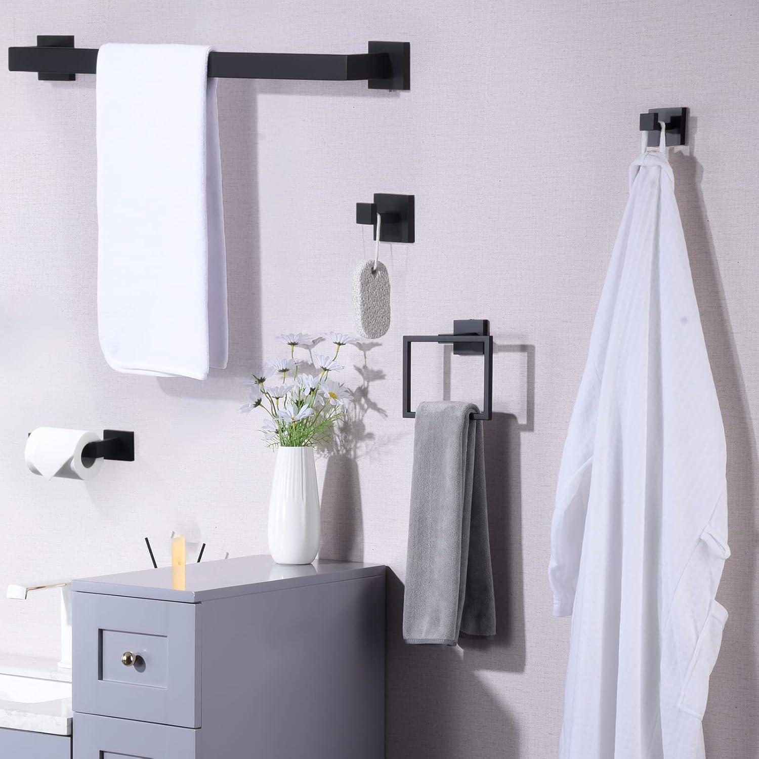 Matte Black Bathroom Hardware Set,5-Piece Towel Racks for Bathroom 23.6" Wall Mount Bathroom Accessories Include Towel Bar,Towel Rack Ring,Toilet Paper Holder,2*Robe Hook