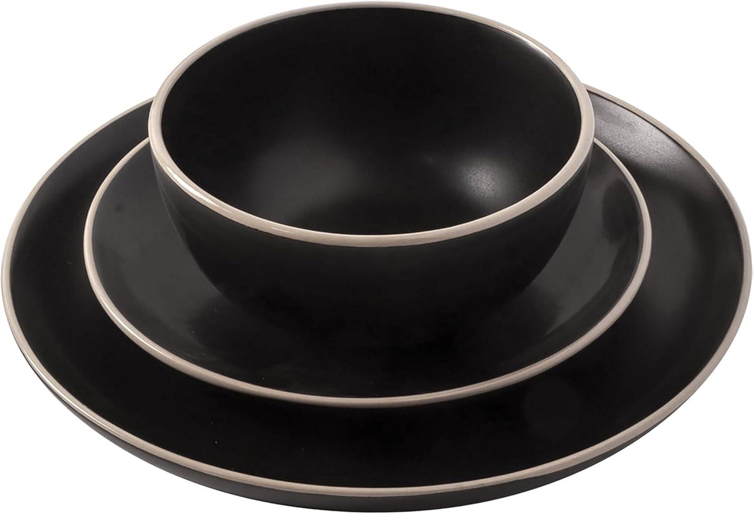 Black Ceramic 12-Piece Dinnerware Set with Glossy Rim