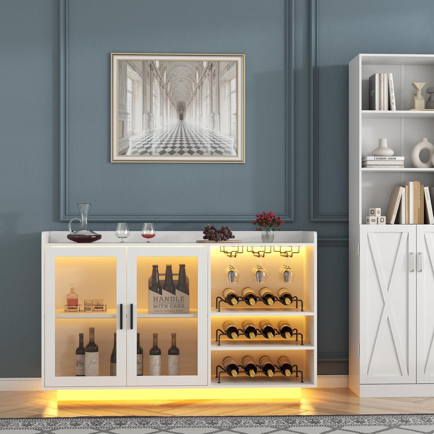 Brayden Studio® Wine Bar Cabinet with LED Lights, Floating Coffee Bar with Glass Rack and Removable Wine Racks, Modern Buffet Sideboard with Storage Shelves, Kithchen Bar with Glass Cabinet Doors, White
