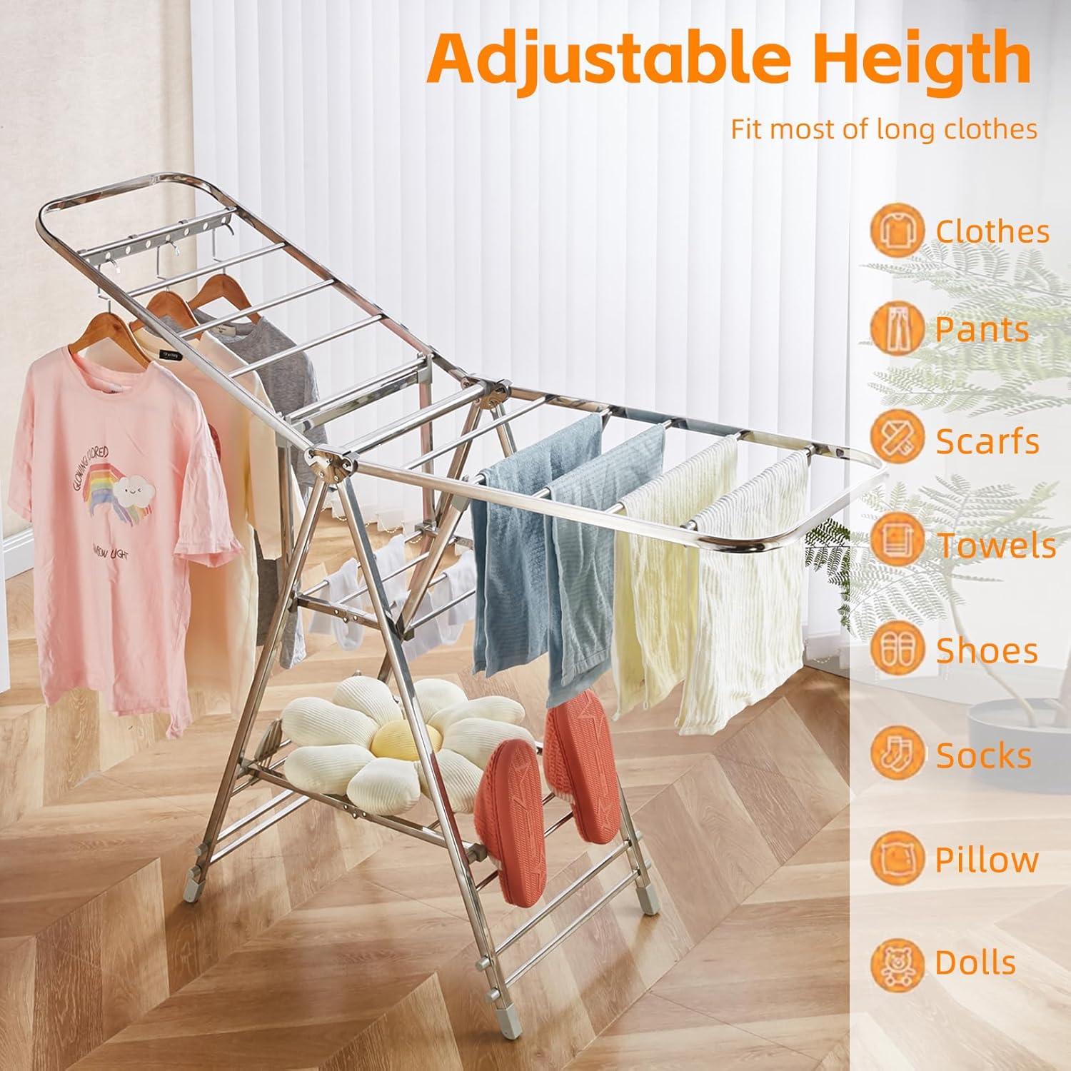 Foldable Clothes Drying Rack has 21 Rods, Non-Slip Buckle, Shoe Rack and Wheels ,Stainless Steel Laundry Drying Rack,Collapsible for Easy Storage,Rust-Proof,Works Both Indoors and Out