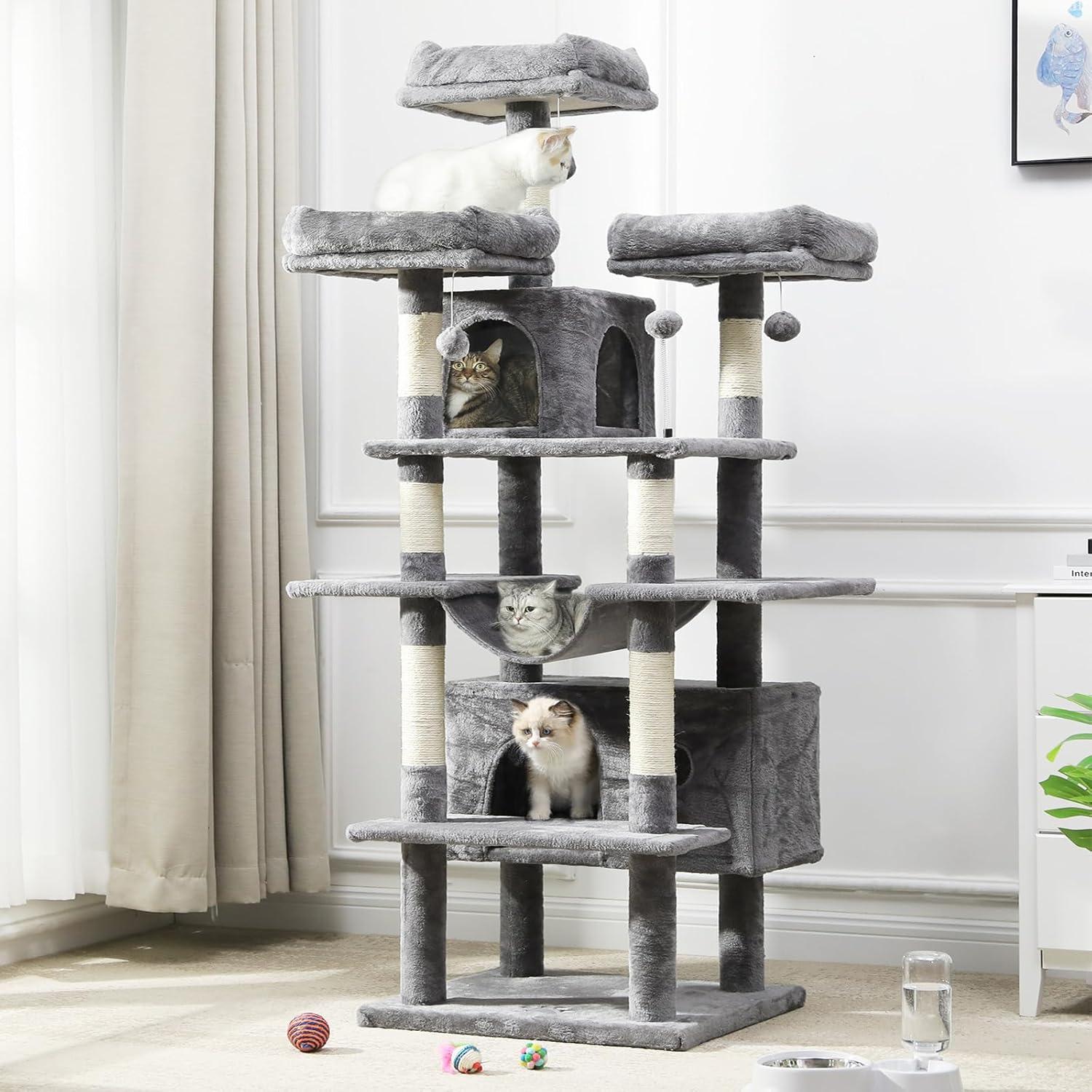 67" Light Gray Plush and Sisal Multi-Level Cat Tree