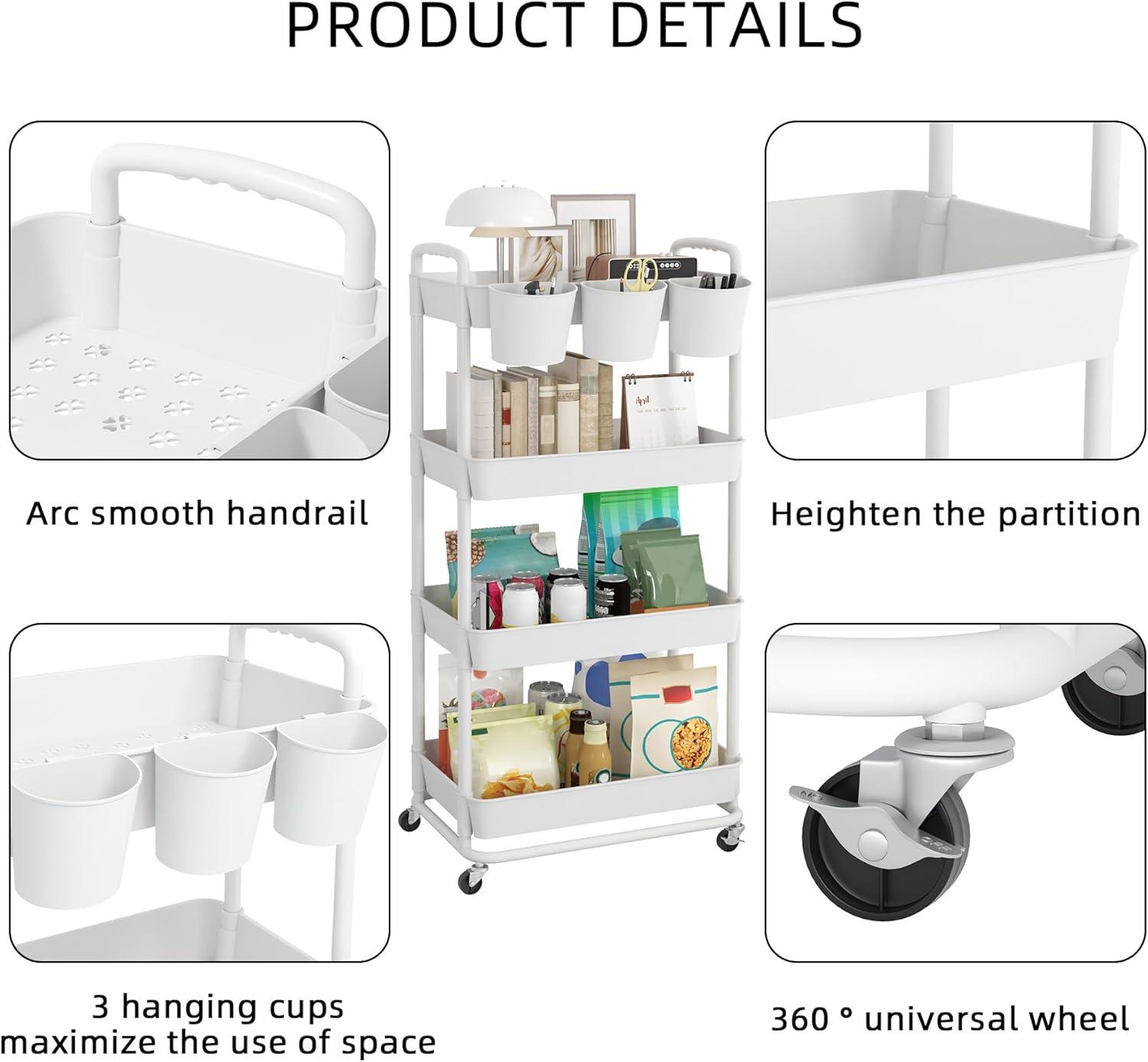 JIUYOTREE 4-Tier Plastic Rolling Storage Cart Utility Cart with Extra Hanging Cups Handles Lockable Wheels for Living Room Bathroom Kitchen Office Green