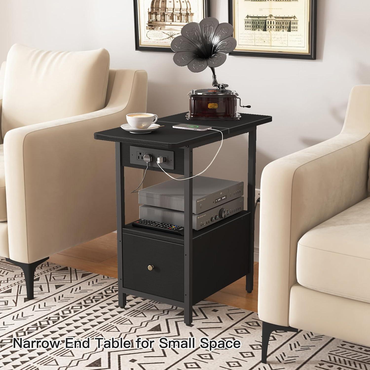 Black Particleboard and Iron End Table with Charging Station and Drawer