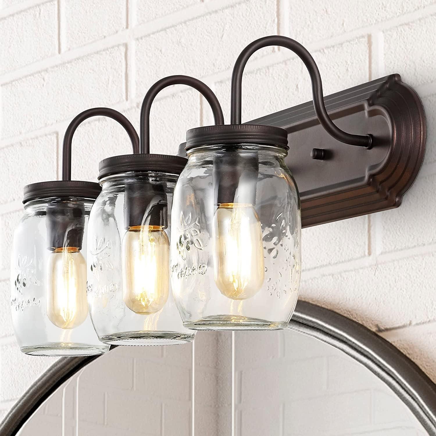 Gaines 19.3" 3-Light Farmhouse Industrial Iron Mason Jar LED Vanity, Oil Rubbed Bronze/Clear