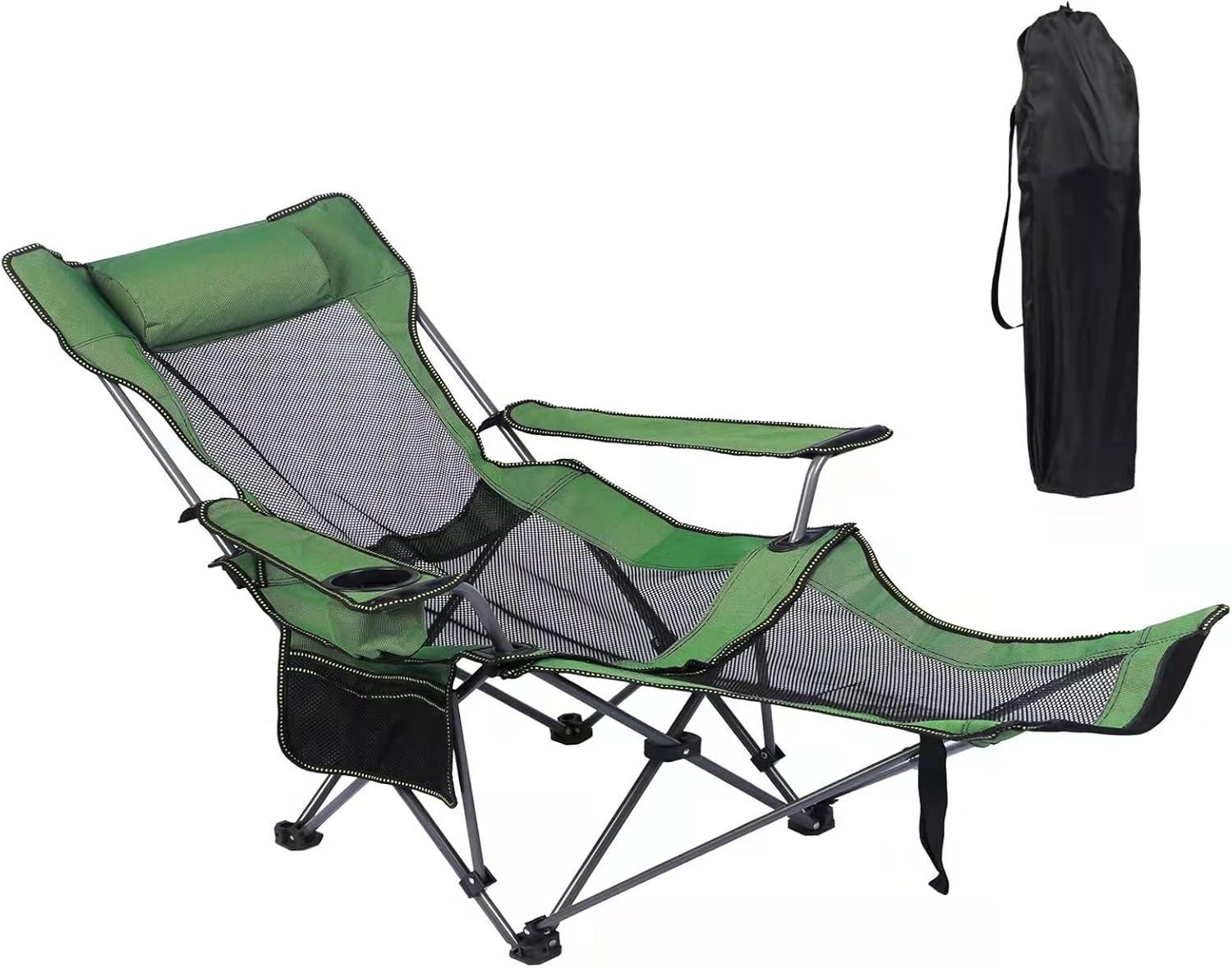 Green Alloy Steel Adjustable Reclining Camping Chair with Footrest