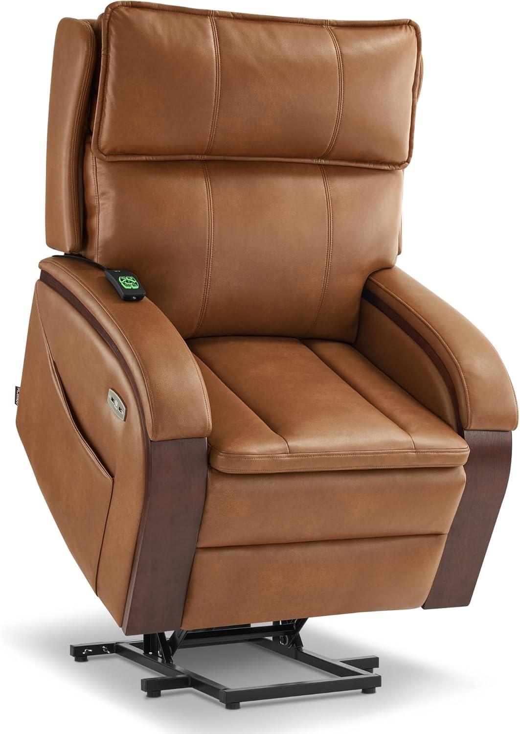 MCombo Power Lift Recliner Chair Sofa with Massage and Heat, Adjustable Headrest for Elderly People, Solid Wood Armrest, USB Ports, Side Pockets, Breathable Leather 7917 (Tawny, Medium)