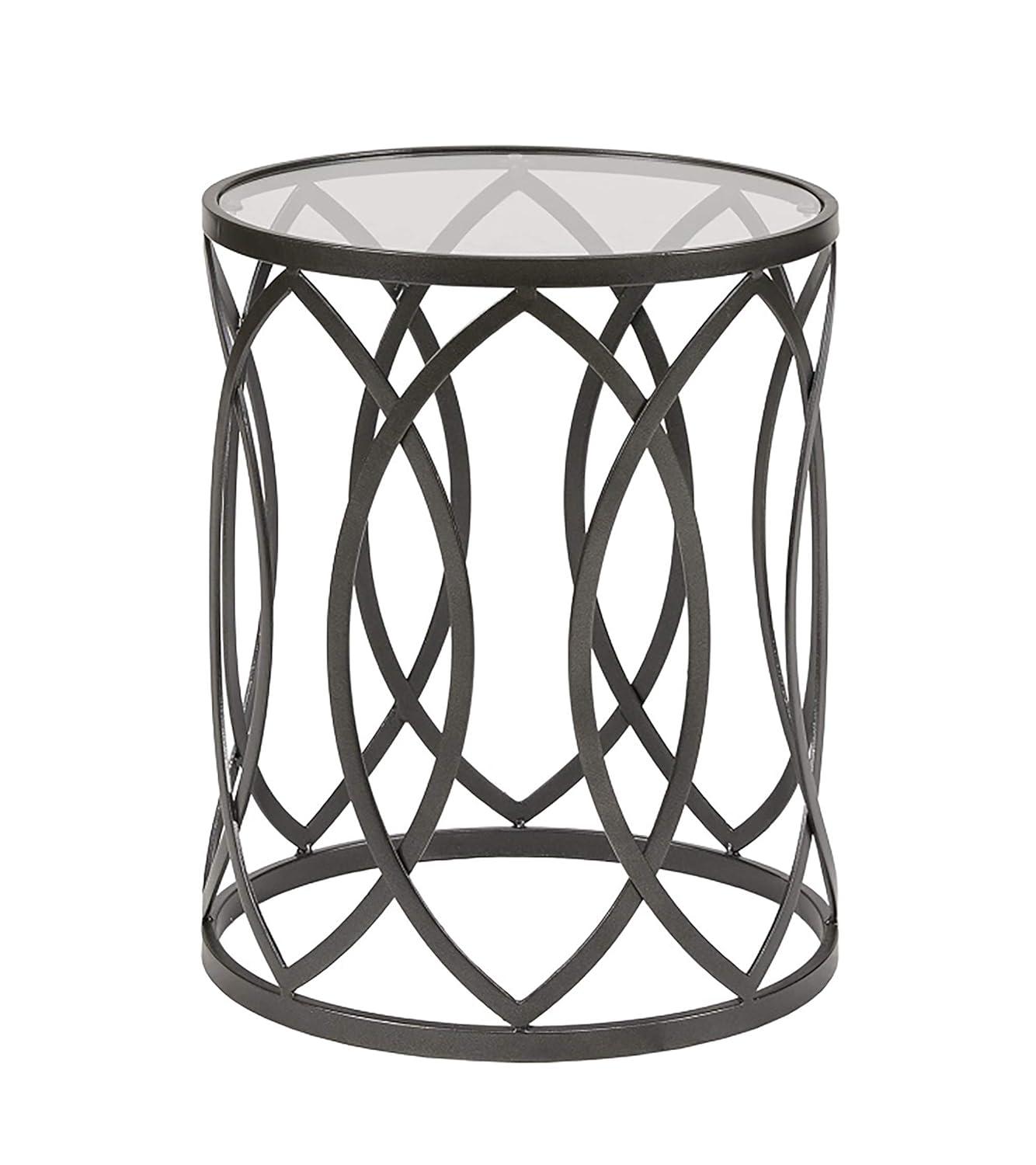 Gaige Metal Eyelet Accent Table - Pewter: Modern Round End, Tempered Glass Top, No Assembly Required