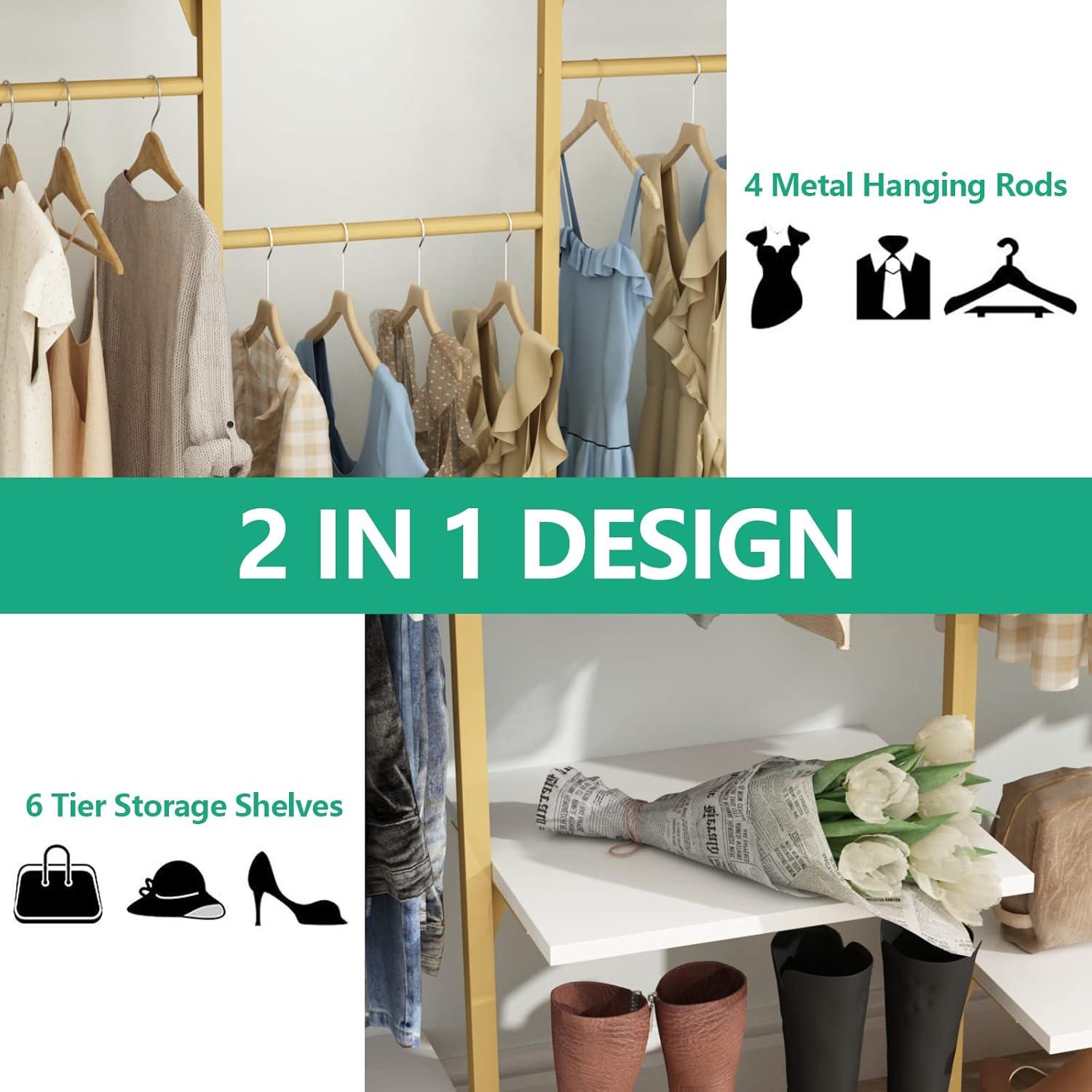 Rebrilliant Oloran Gold Wall Mount Clothes Rack with 4 Hanging Rods, Clothing Rack with 6-Tier Adjustable Shelves