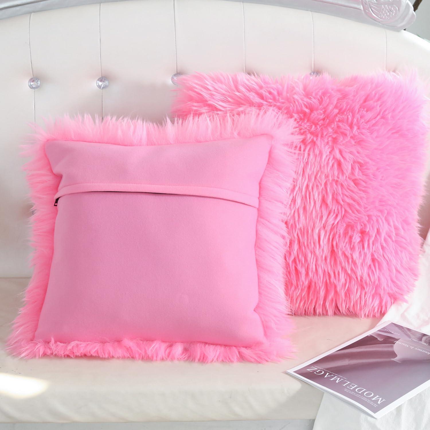 Set of 2 Fluffy Pillow Covers New Luxury Series Merino Style Blush Faux Fur Decorative Throw Pillow Covers Square Fuzzy Cushion Case 18x18 Inch