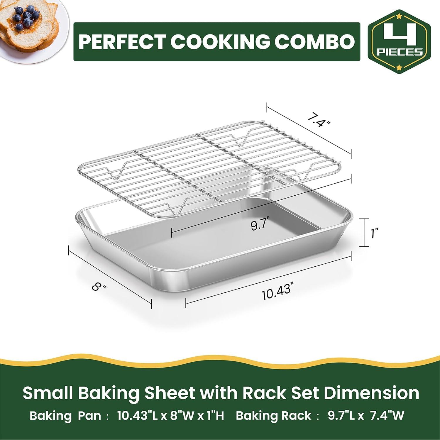 Baking Sheet with Rack Set [2 Pans + 2 Racks ] HKJ Chef Stainless Steel Cookie Sheet Baking Pan Tray with Cooling Rack, Size 9x7x1 Inch, Non Toxic & Heavy Duty & Easy Clean