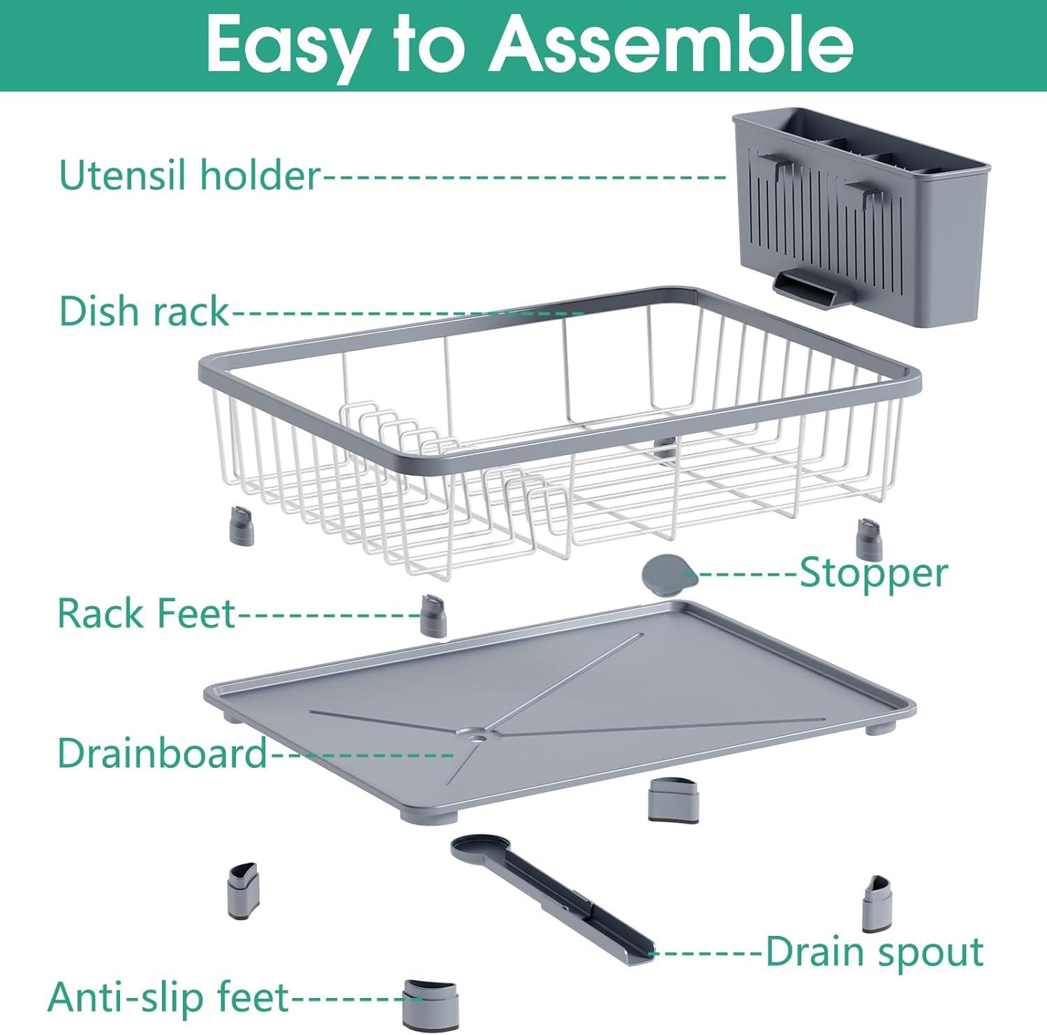 iSPECLE Dish Drying Rack with Drainboard - Compact Dish Racks for Kitchen Counter or in Sink, Small Dish Drainer with Utensil Holder and Drain Spout, Black