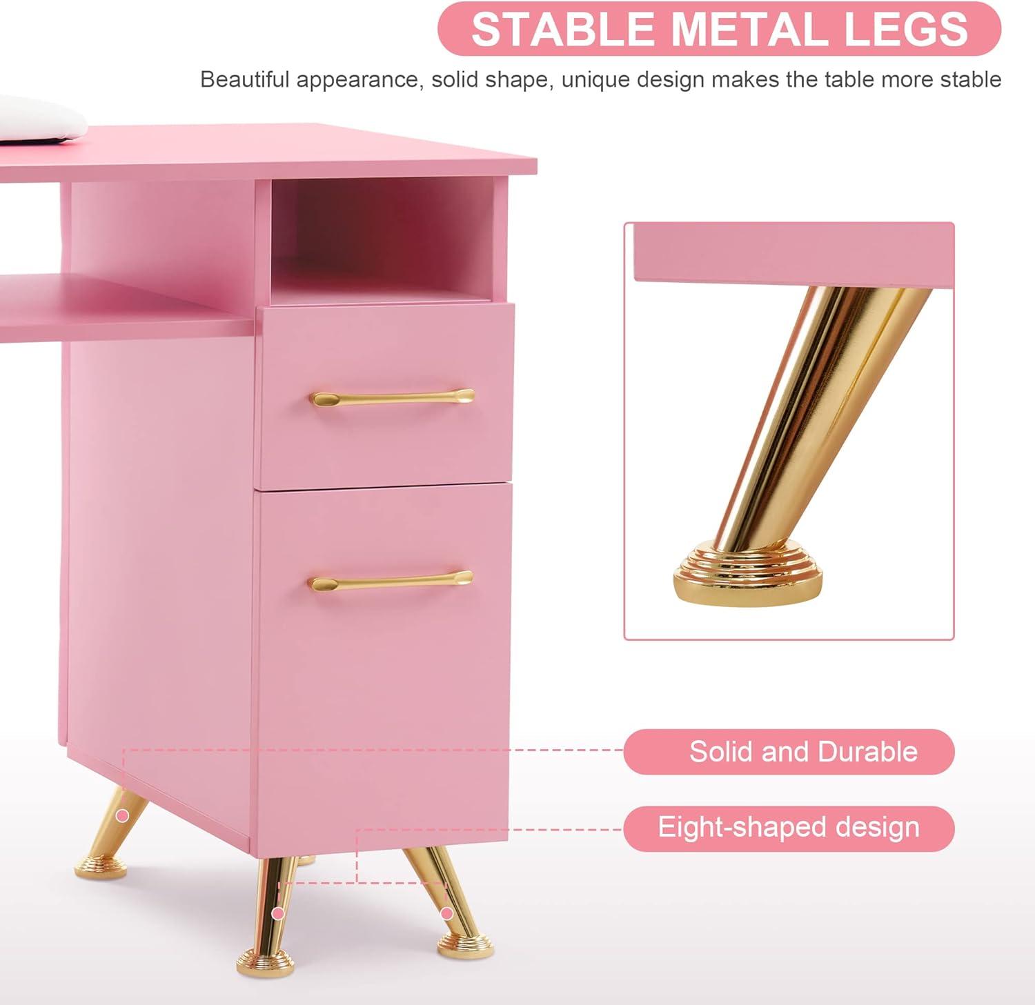 BarberPub Rectangular Manicure Table, Pink Nail Desk Storage Equipment with Drawer, 2671