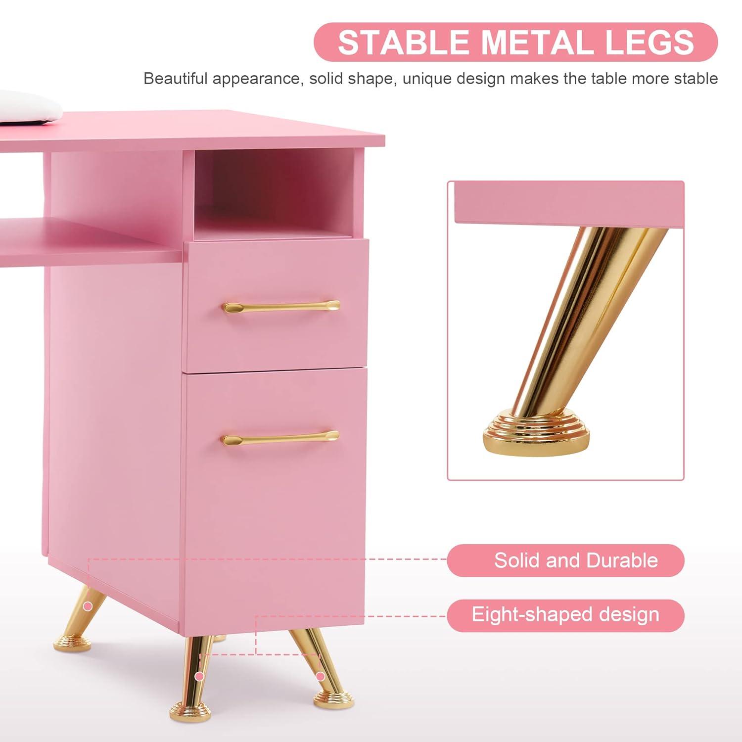 BarberPub Rectangular Manicure Table, Pink Nail Desk Storage Equipment with Drawer, 2671