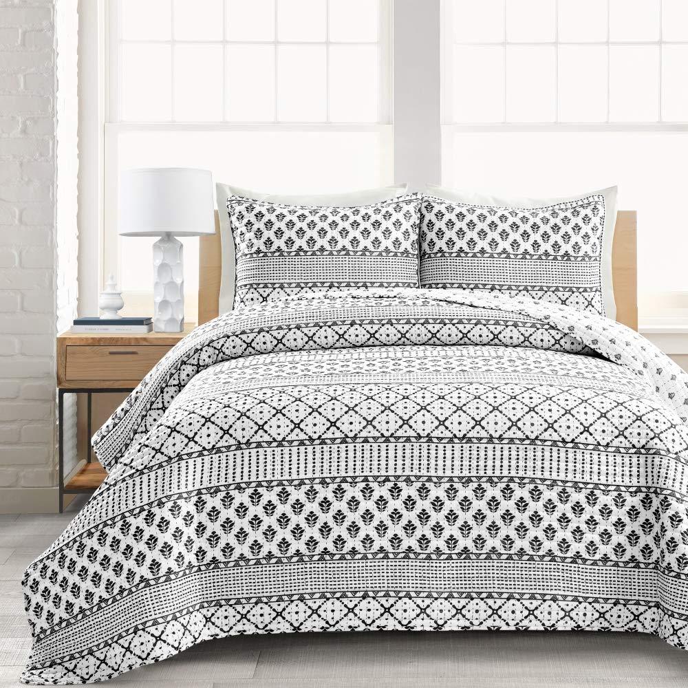 Full Queen 3pc Monique Stripe Quilt Set Black/White - Lush Décor: Microfiber, Reversible, Machine Washable