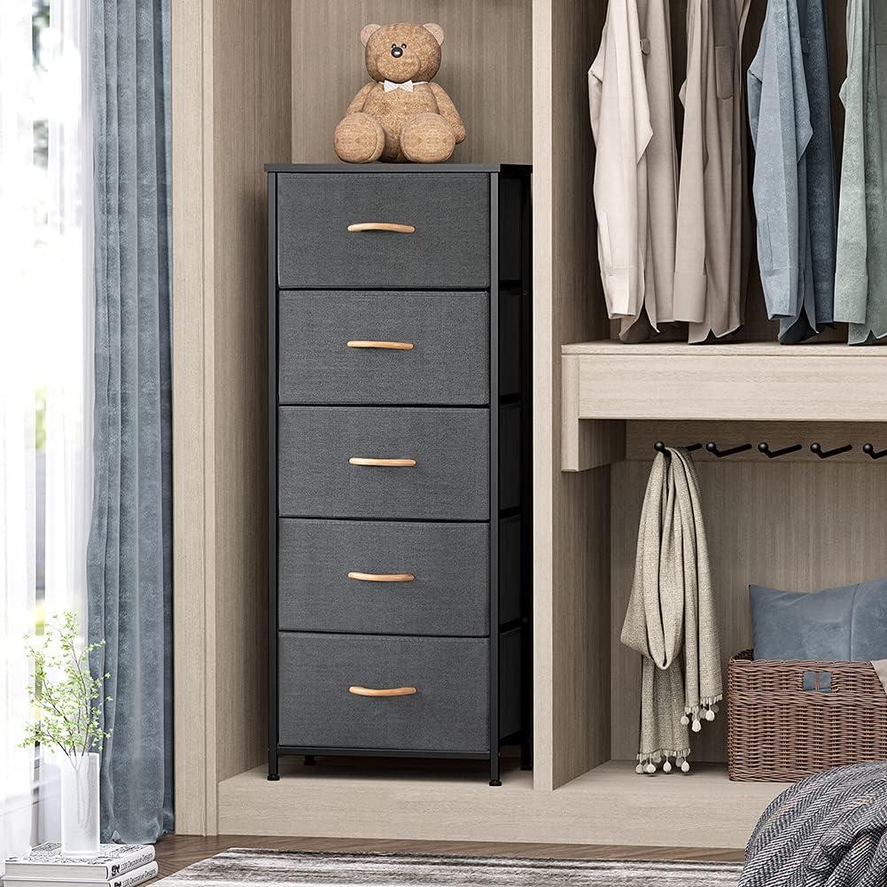 Gray and Black Vertical Dresser with Fabric Bins and Wood Top