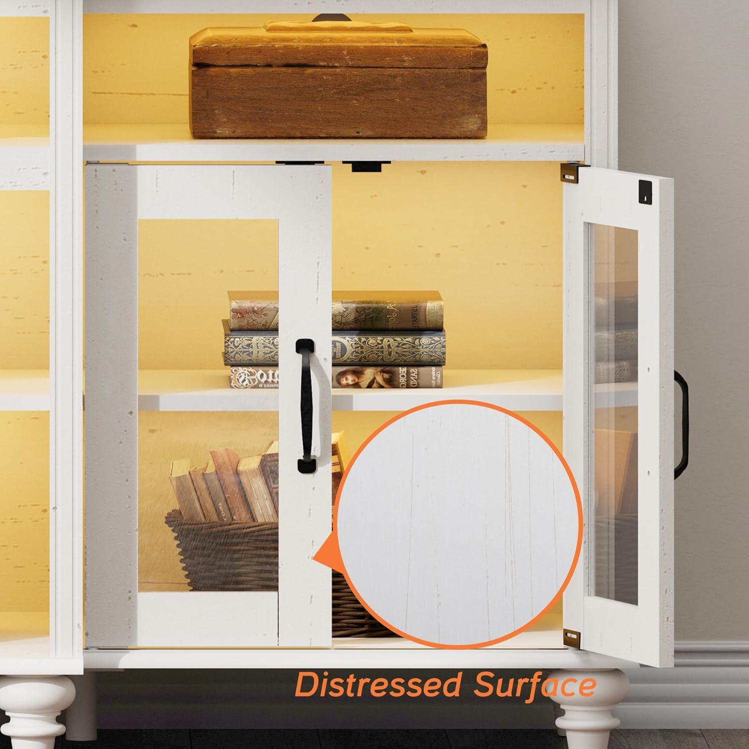 Farmhouse TV Stand for 75 inch TV, 4-Door Glass Wood Entertainment Center with 9 Storage Cabinets, White Media Console Table for Living Room Bedroom，White