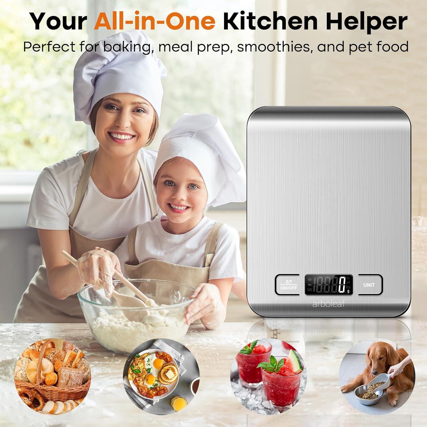 arboleaf Food Kitchen Scale, 22lb Digital Weight Grams and Ounces for Baking and Cooking, 1g/0.01oz Precise Food Scales for Kitchen, Backlit LCD Display, Tare Function, Stainless Steel