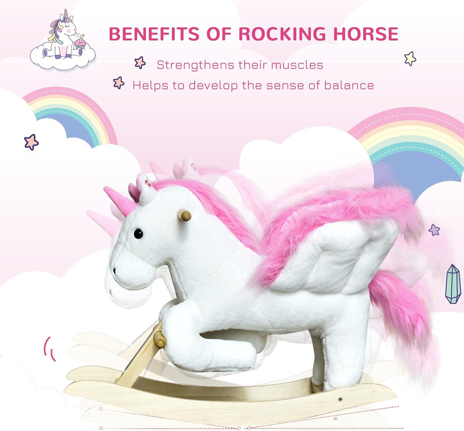 Qaba Kids Rocking Horse, Wooden Plush Ride-On Unicorn Chair Toy with Lullby Song for 18-36 months children