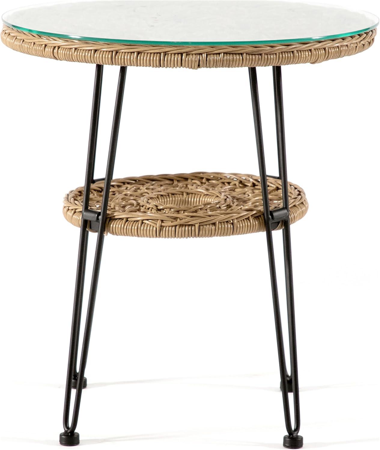 Furniture of America Noma Round 1-Shelf Metal and Rattan Natural Coffee Table with Glass Top