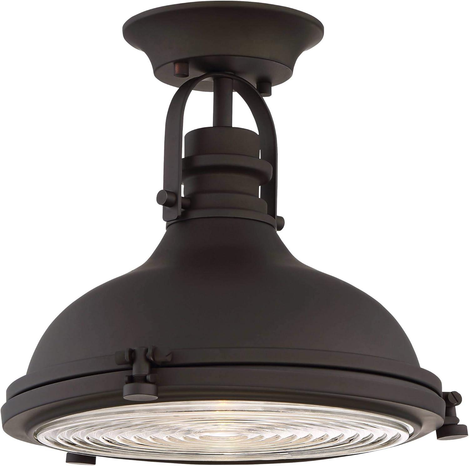 Bronze Dome 14" Industrial Semi-Flush Mount with Clear Ribbed Glass