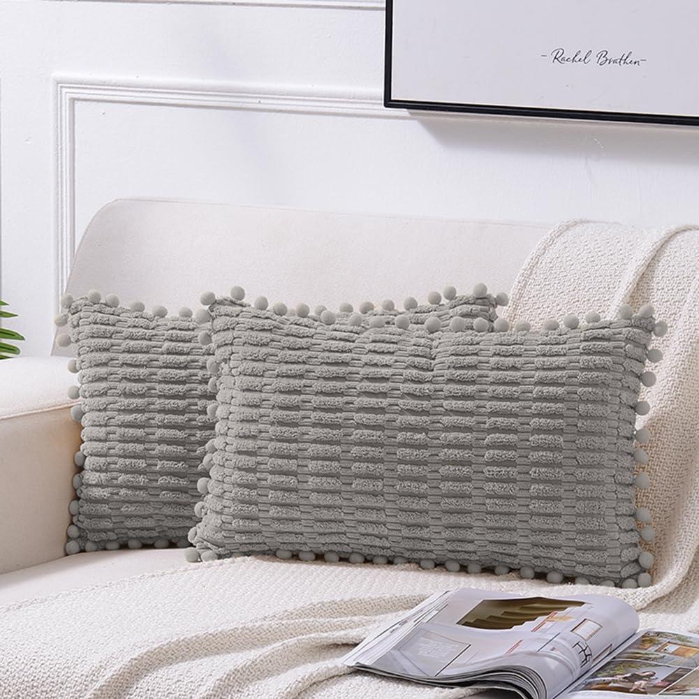 Fancy Homi 2 Packs Dusty Blue Decorative Throw Pillow Covers 12x20 Inch with Pom-poms for Couch Bed Living Room, Farmhouse Boho Home Decor, Soft Corduroy Cute Lumbar Cushion Case 30x50 cm