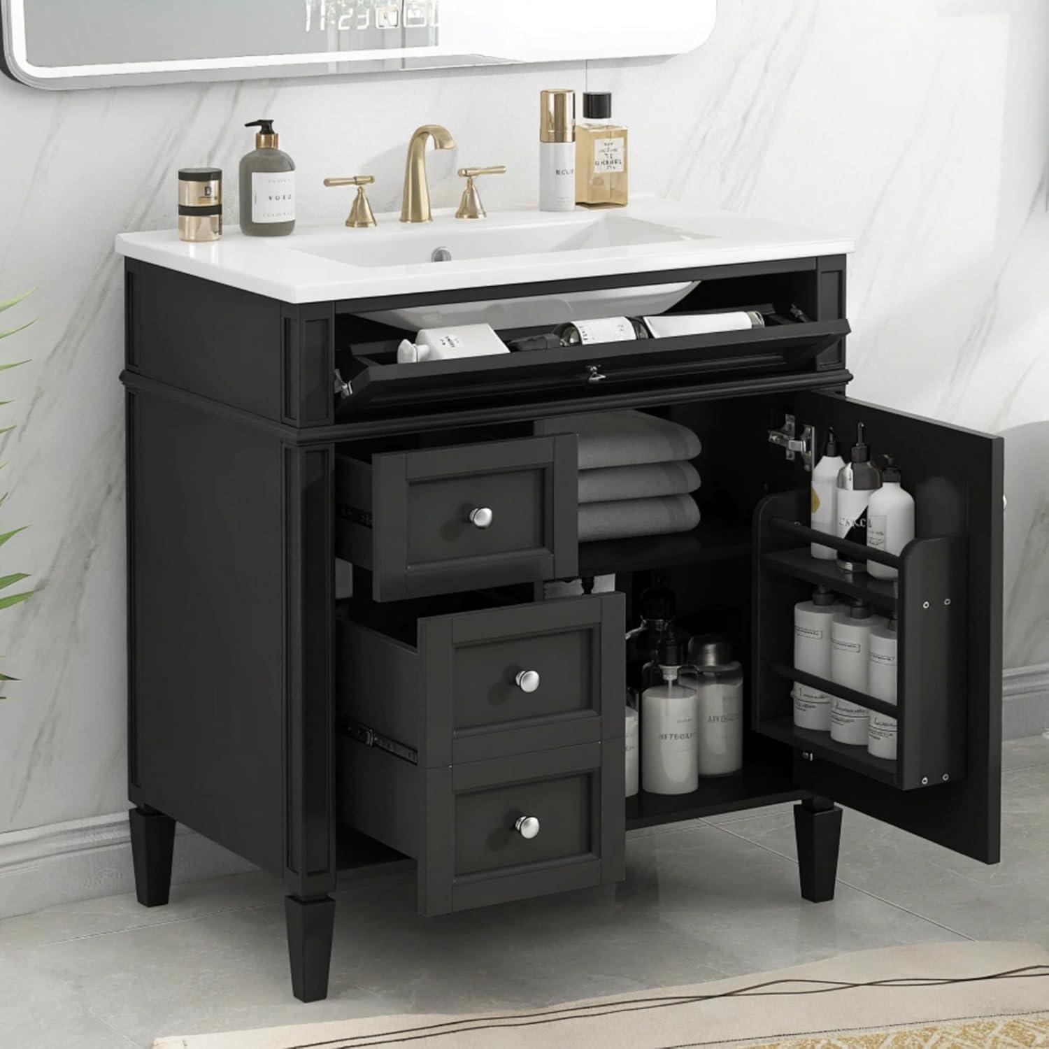 HLILish 30'' Bathroom Vanity With Top Sink, Modern Bathroom Storage Cabinet With 2 Drawers And A Tip-Out Drawer, Single Sink Bathroom Vanity