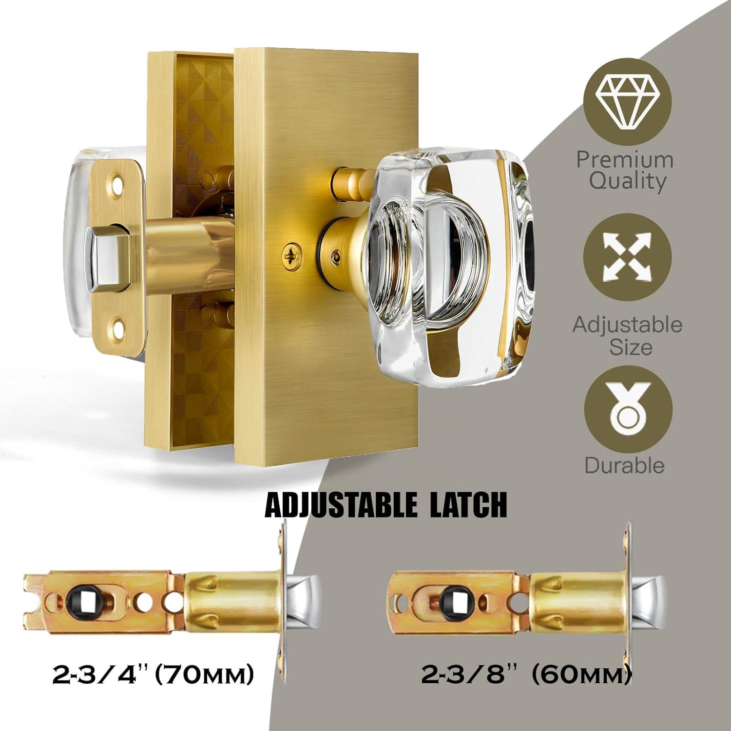 Clear Glass Crystal Door Knobs Interior,Octagon Gold Door Knob,Bathroom Bedroom Privacy Door Knobs with Lock,Satin Brass