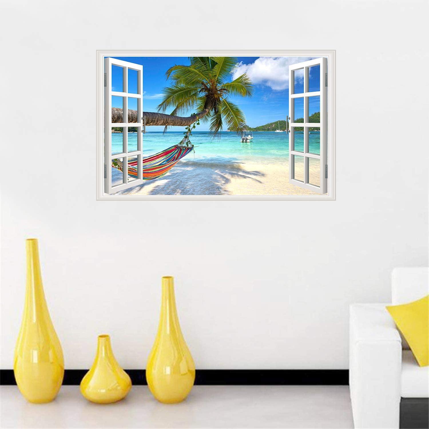 Tropical Beach Palm Tree Hammock Window Wall Sticker