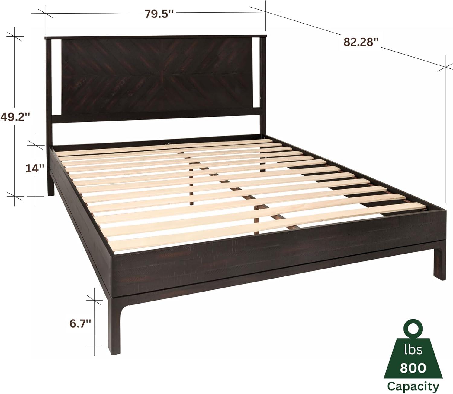 Vivian Solid Wood Bed with Headboard, Rustic Black Wood Bed Frame