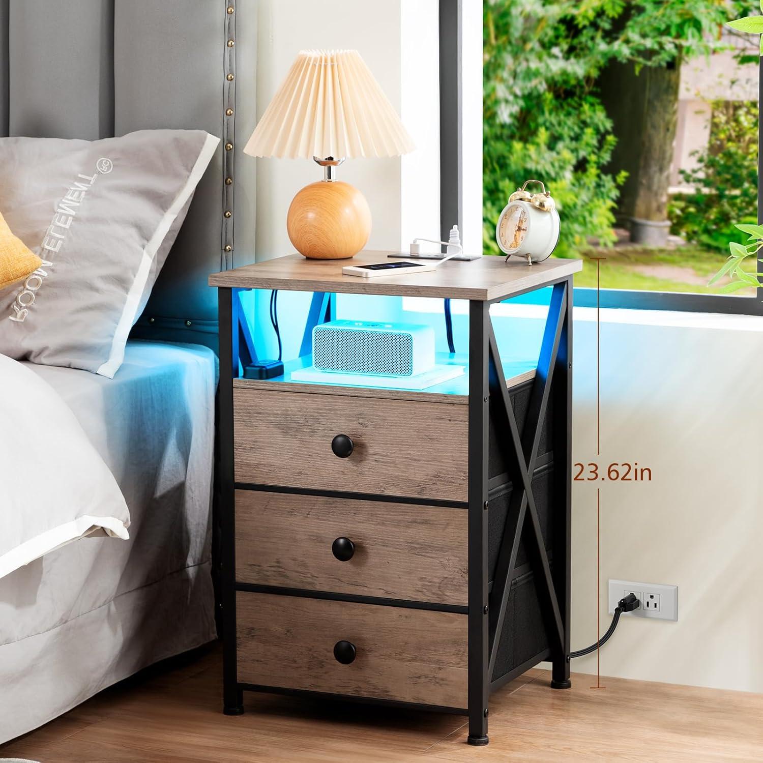 Greige Industrial Nightstand Set with LED and Charging Station