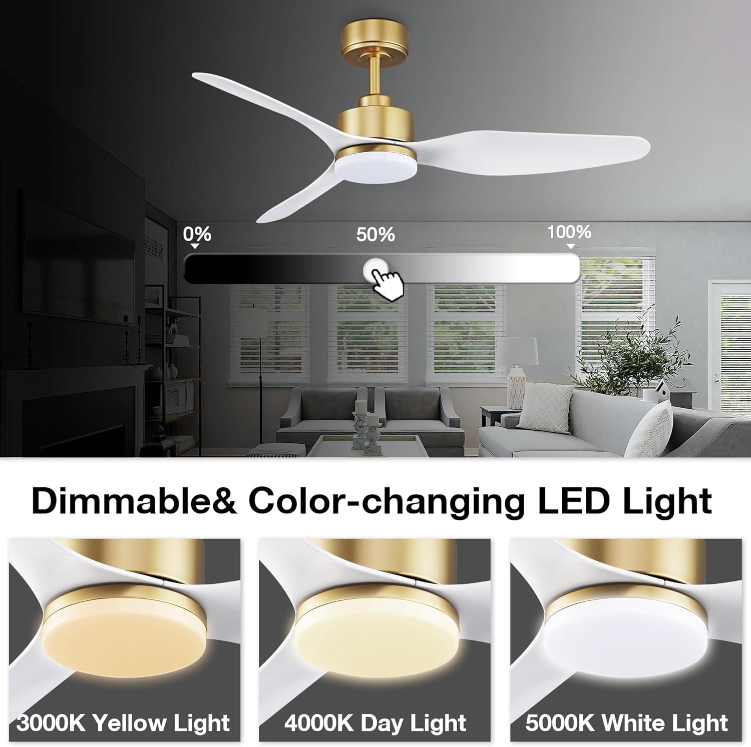 48 Inch Smart Ceiling Fans with Lights and Remote Control,Dimmable LED Light,Outdoor Indoor Gold White Ceiling Fan,Quiet DC Motor,WIFI Alexa App Workable,for Modern Bedroom Living Room Patio