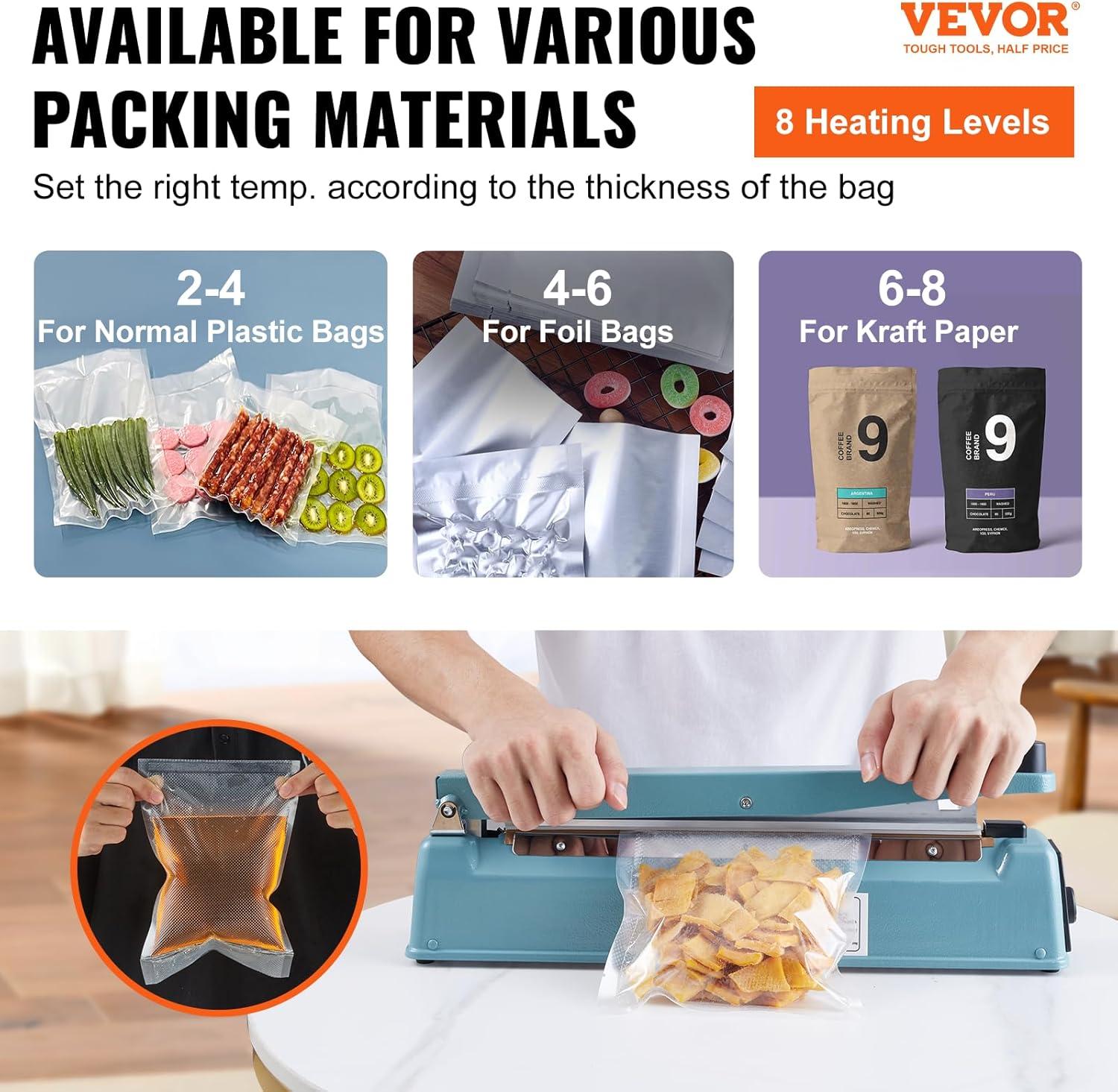 VEVOR VEVOR 12" Iron Hand Impulse Heat Sealer Machine Poly Bag Sealing for Plastic Bag