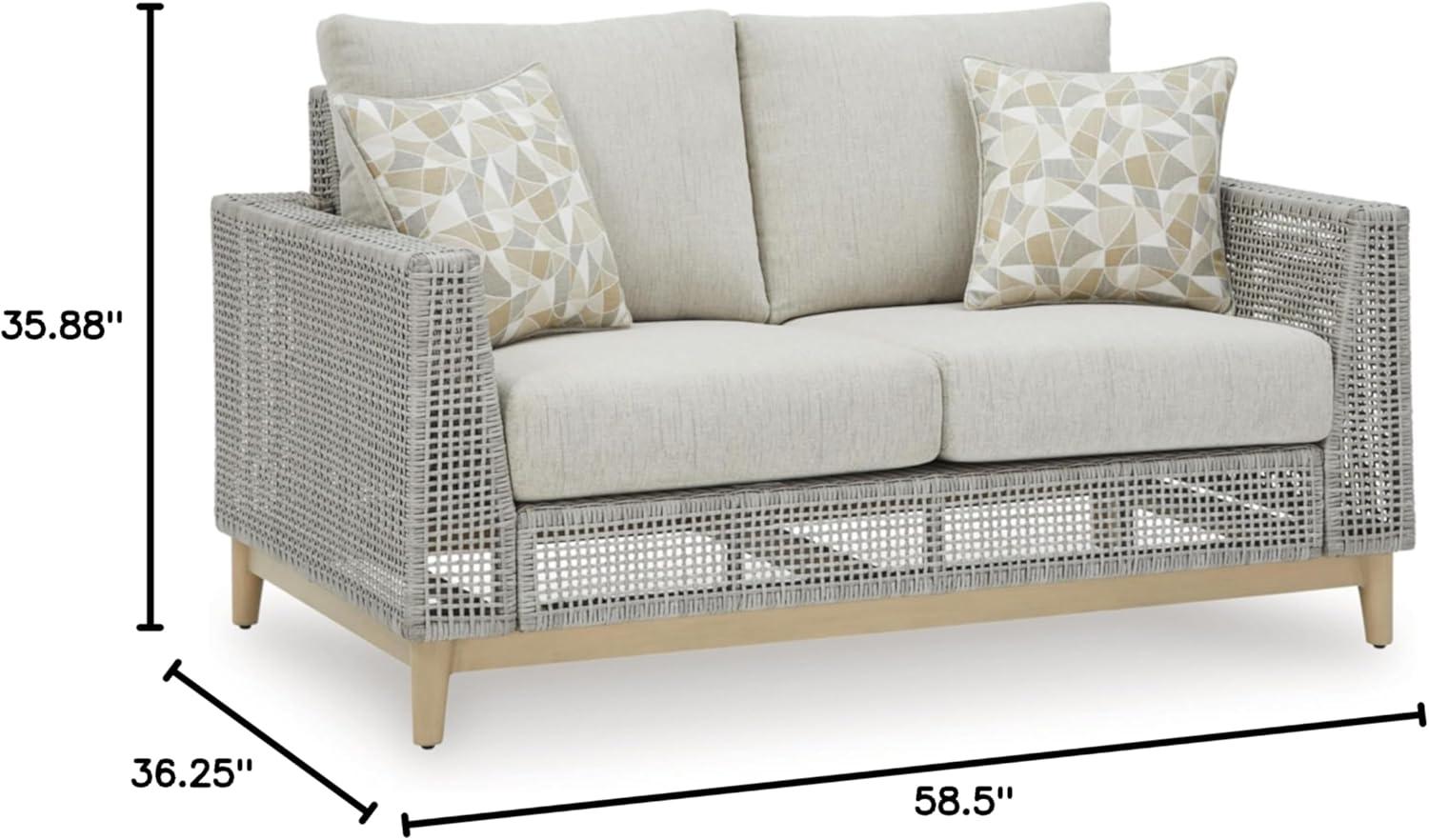 Gray Wicker and Plastic Outdoor Loveseat with Cushions