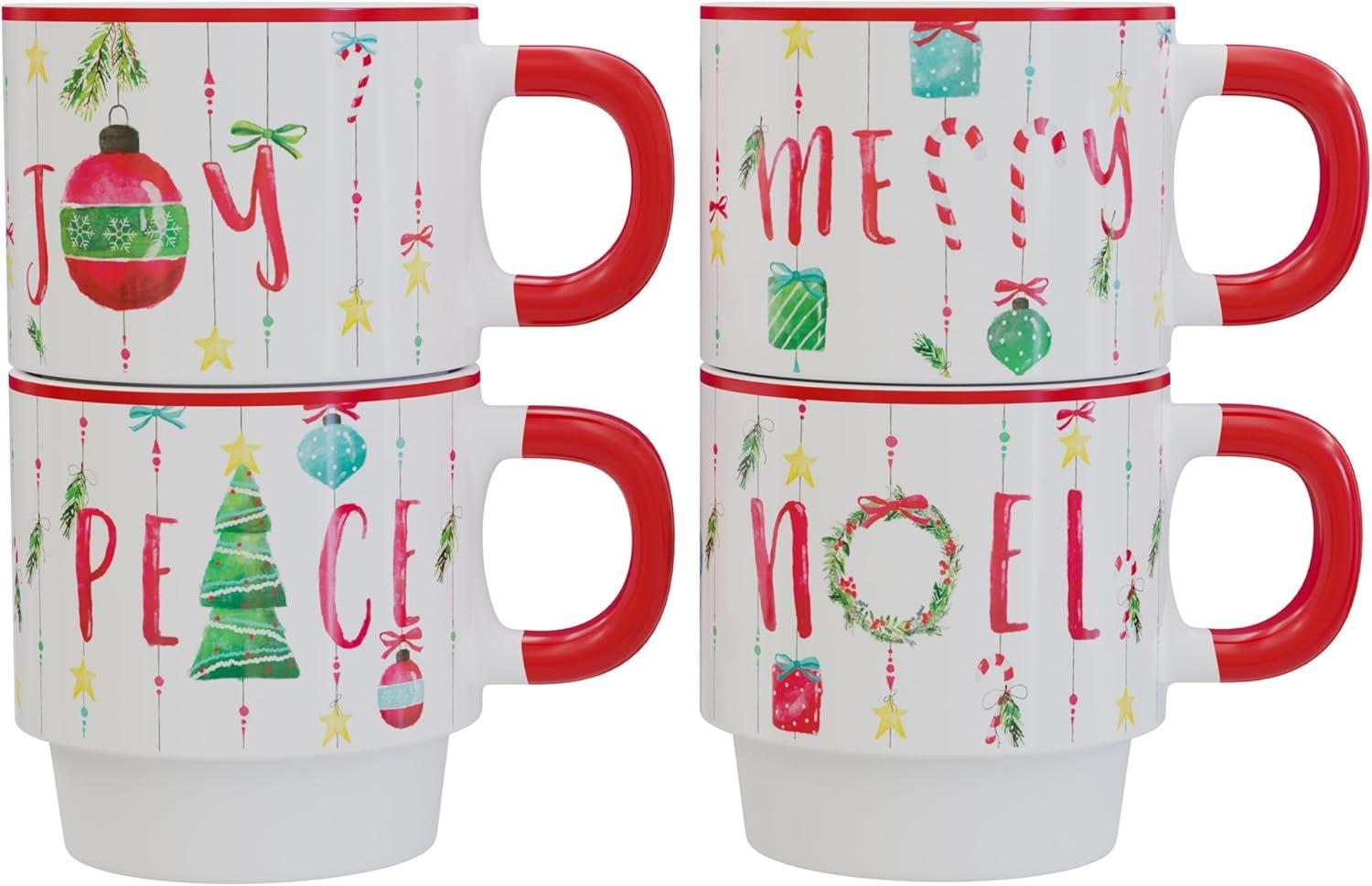 American Atelier 14 Oz Mug Set with Rack (Set of 4) - Stackable Ceramic Mugs, Holiday-Themed Coffee Cup Set for Coffee, Tea, Hot Chocolate - Microwave & Dishwasher Safe, Mug Set for Coffee Lovers