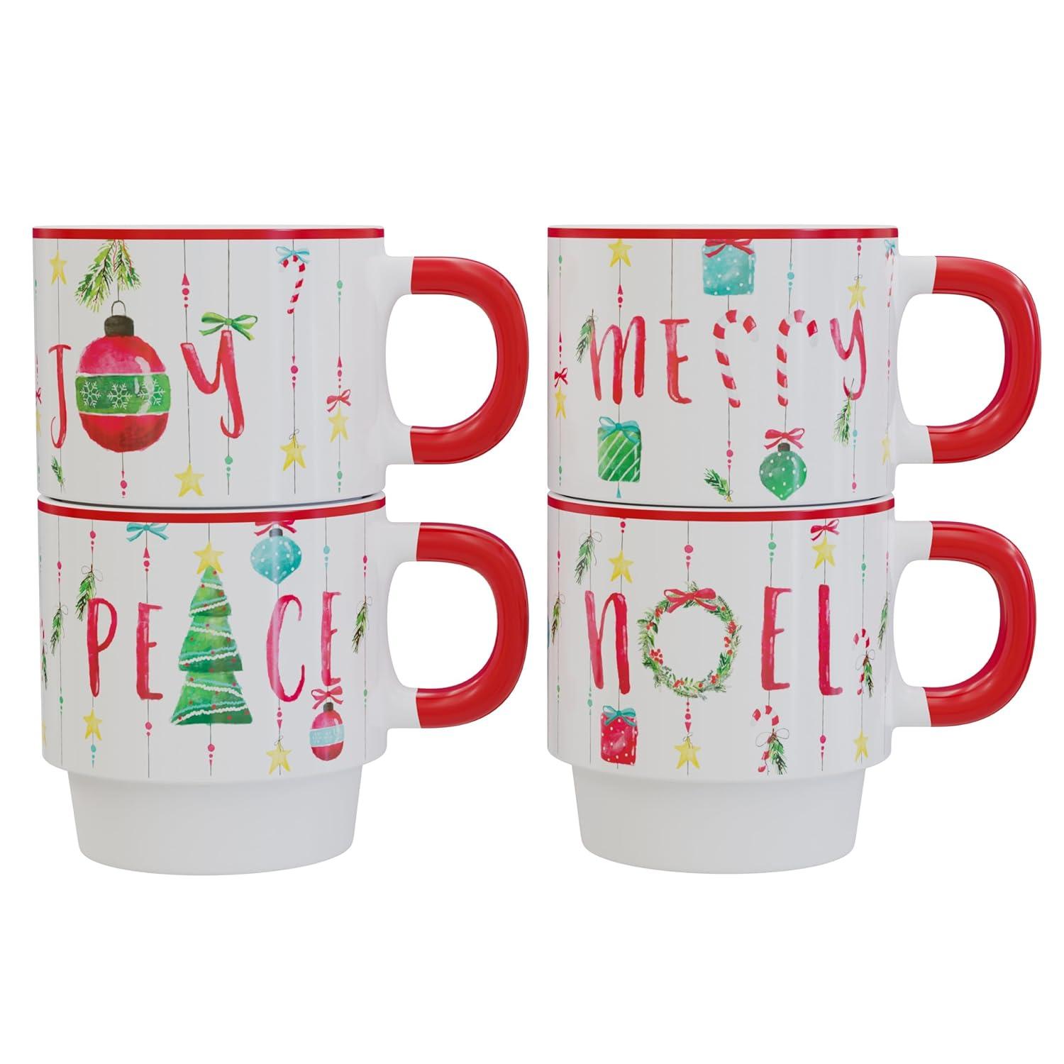American Atelier 14 Oz Mug Set with Rack (Set of 4) - Stackable Ceramic Mugs, Holiday-Themed Coffee Cup Set for Coffee, Tea, Hot Chocolate - Microwave & Dishwasher Safe, Mug Set for Coffee Lovers