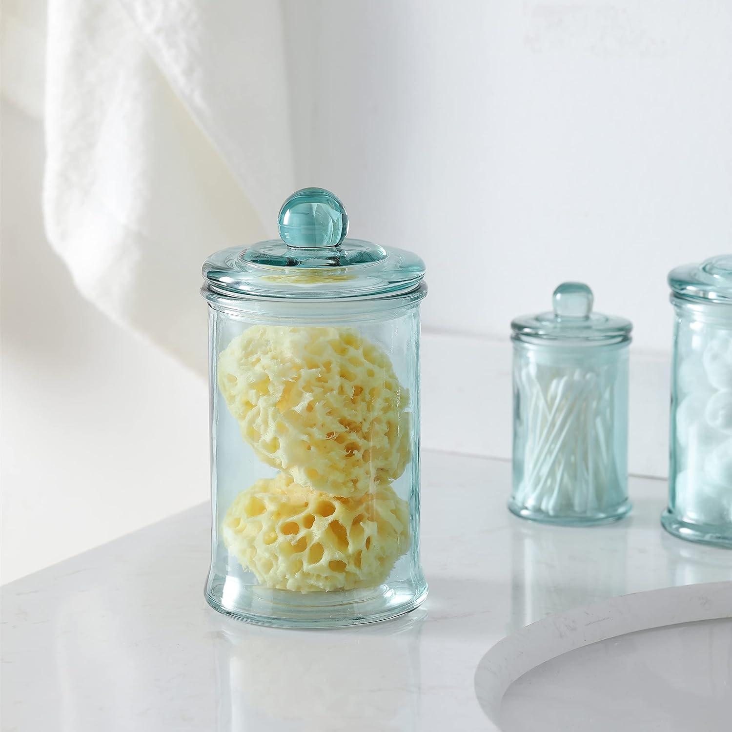 Glass Apothecary Jar | Bathroom Storage Organizer Canister (Set of 3, Blue)