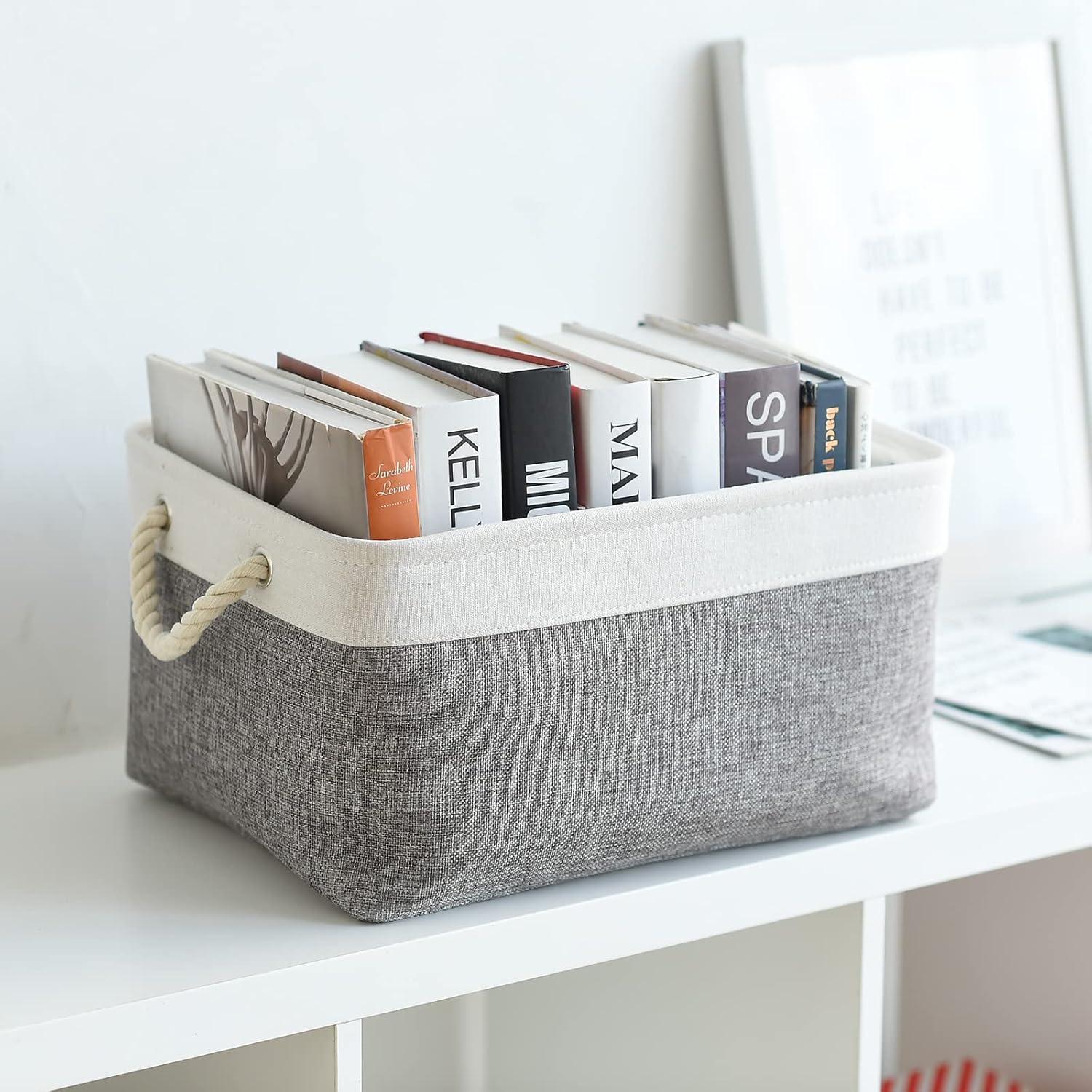 Large White and Gray Canvas Collapsible Storage Bins, 3-Pack