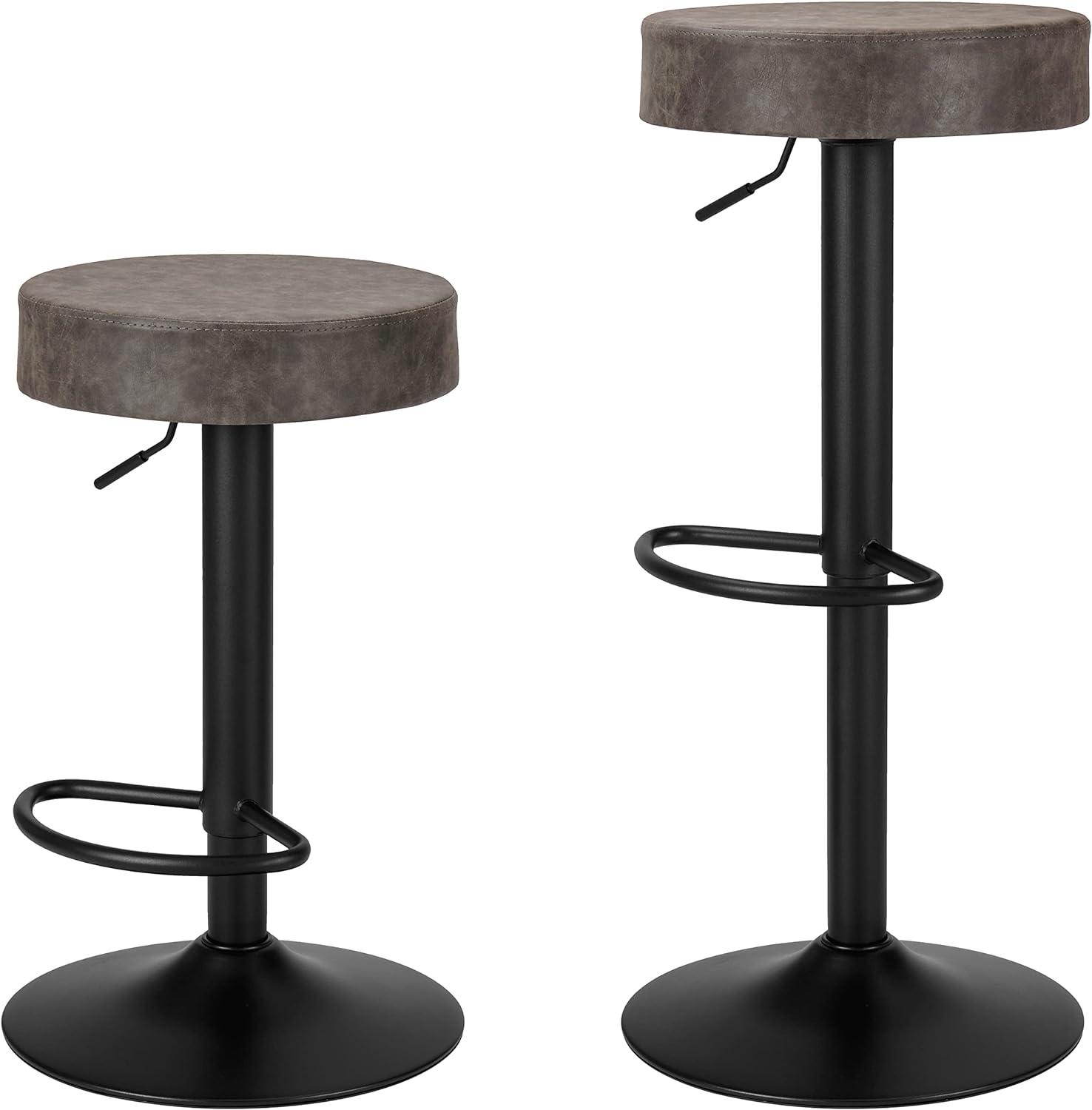 Adjustable Gray Leather and Metal Swivel Bar Stools