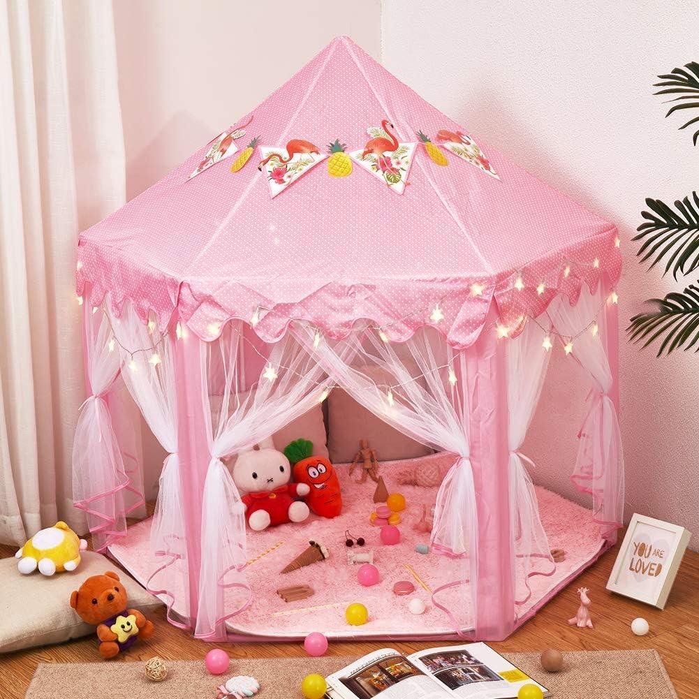 Pink Princess Castle Play Tent with Soft Rug and Star Lights