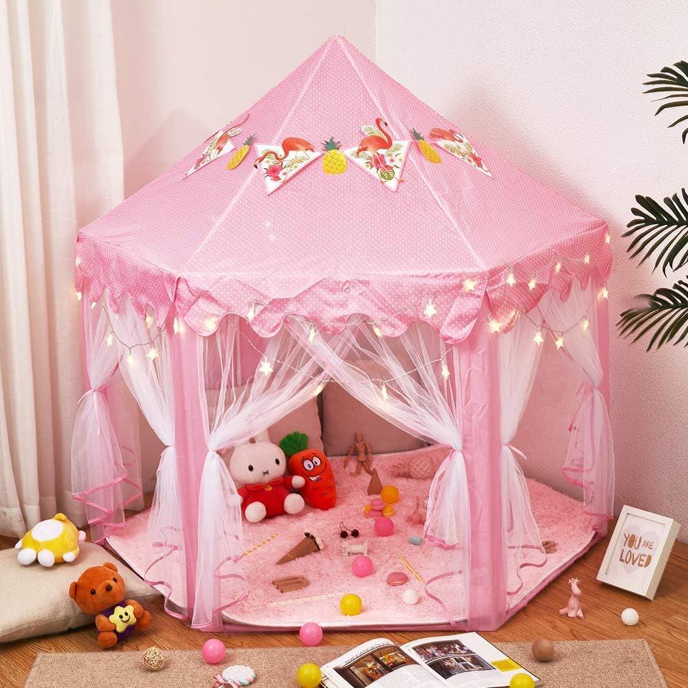 Twinkle Star 55"x 53" Princess Play Castle Tent with Ultra Soft Rug for Girls Playhouse Include Star String Lights and Banners Decor, Princess Tent, Kids Game House for Indoor Outdoor Game, Pink